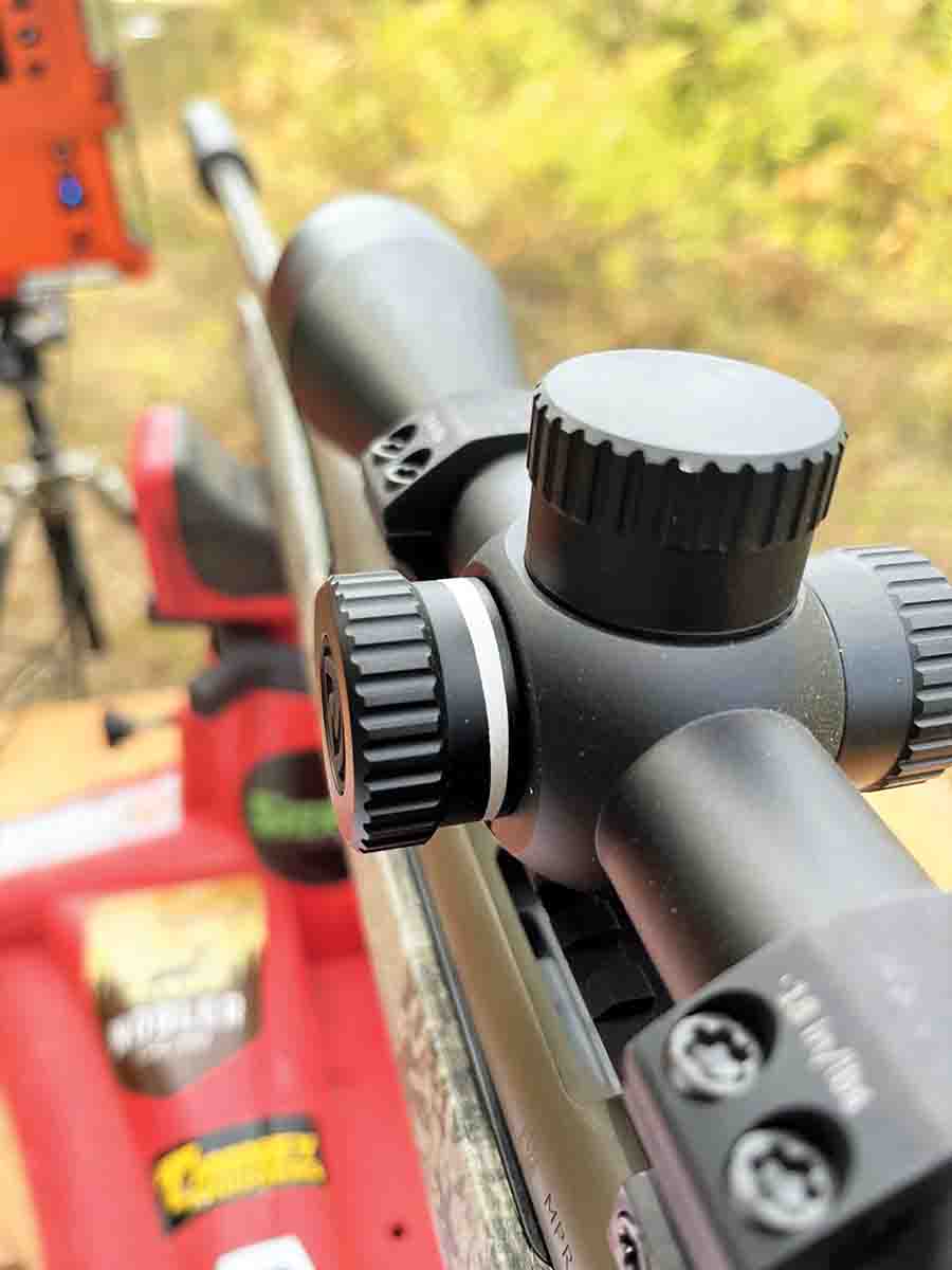 The side parallax of the 1 Primal 4-16x 44mm scope from Riton Optics makes it compatible with any rifle, including rimfires. An elongated wedge is supplied instead of numbers.